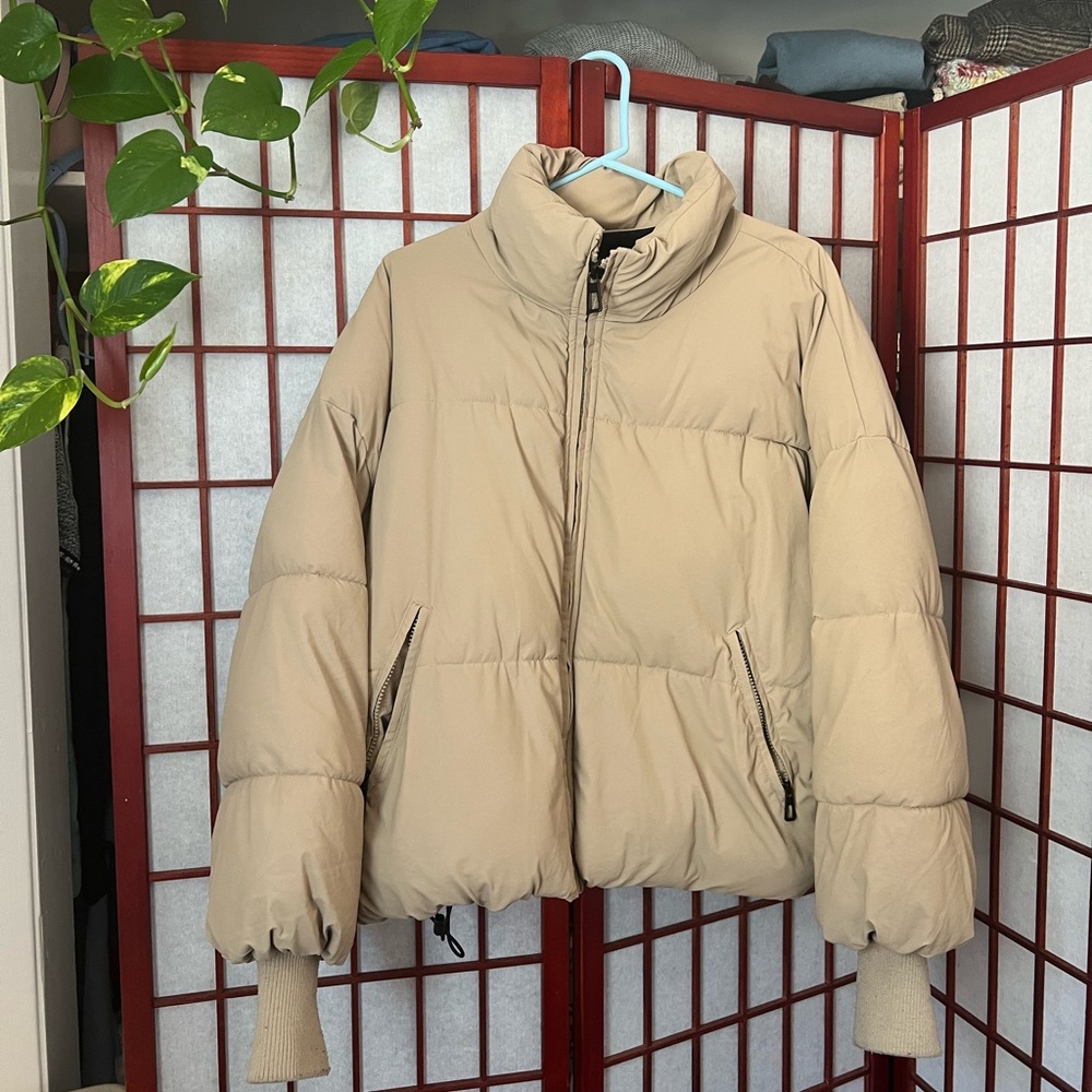 Zara Puffer Jacket Coat Brown Tan Beige Warm